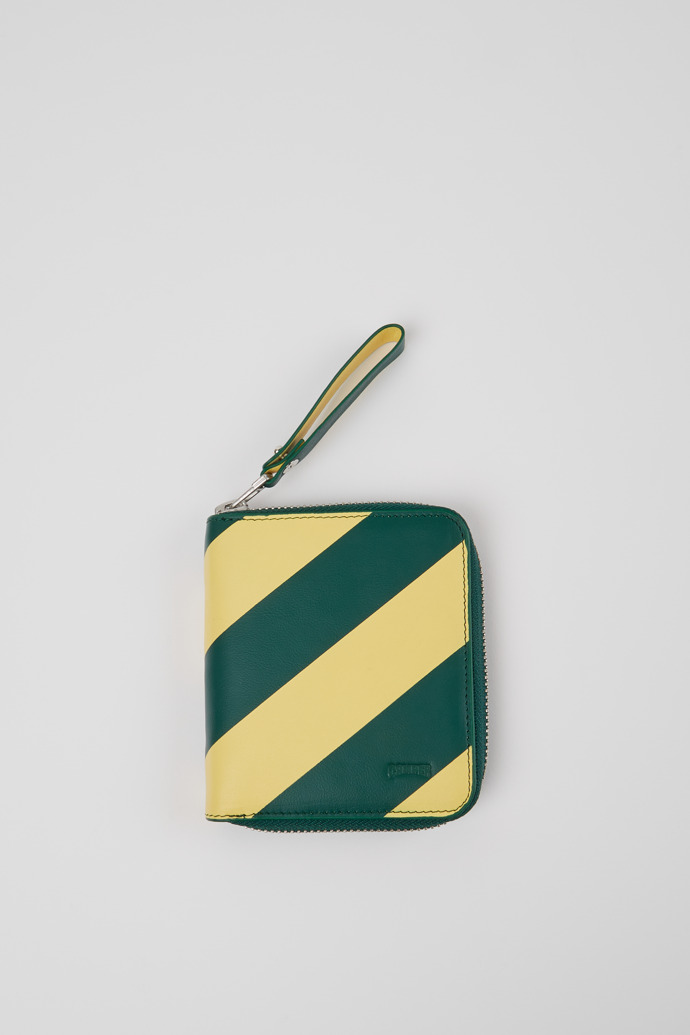 Side view of Mosa Green and yellow leather wallet