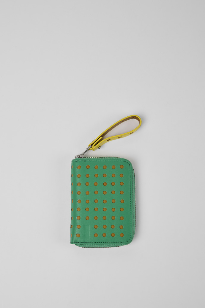 Side view of Mosa Green and yellow small leather wallet