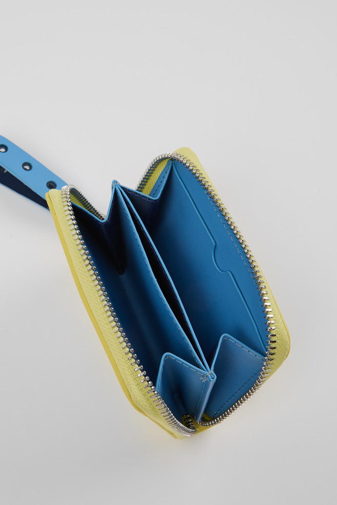 Close-up view of Mosa Yellow and blue small leather wallet
