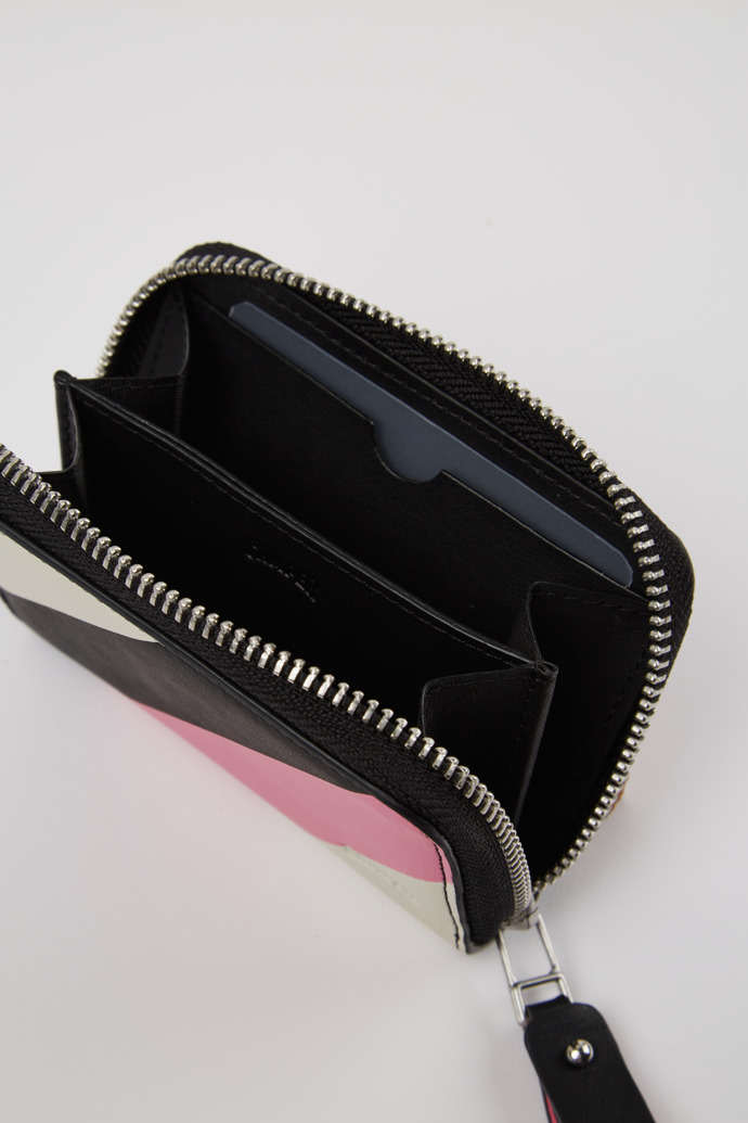 Mosa Petit portefeuille en cuir noir, rose et blanc
