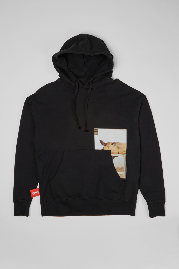 Image of Side view of Hoodie Black hoodie with horse print
