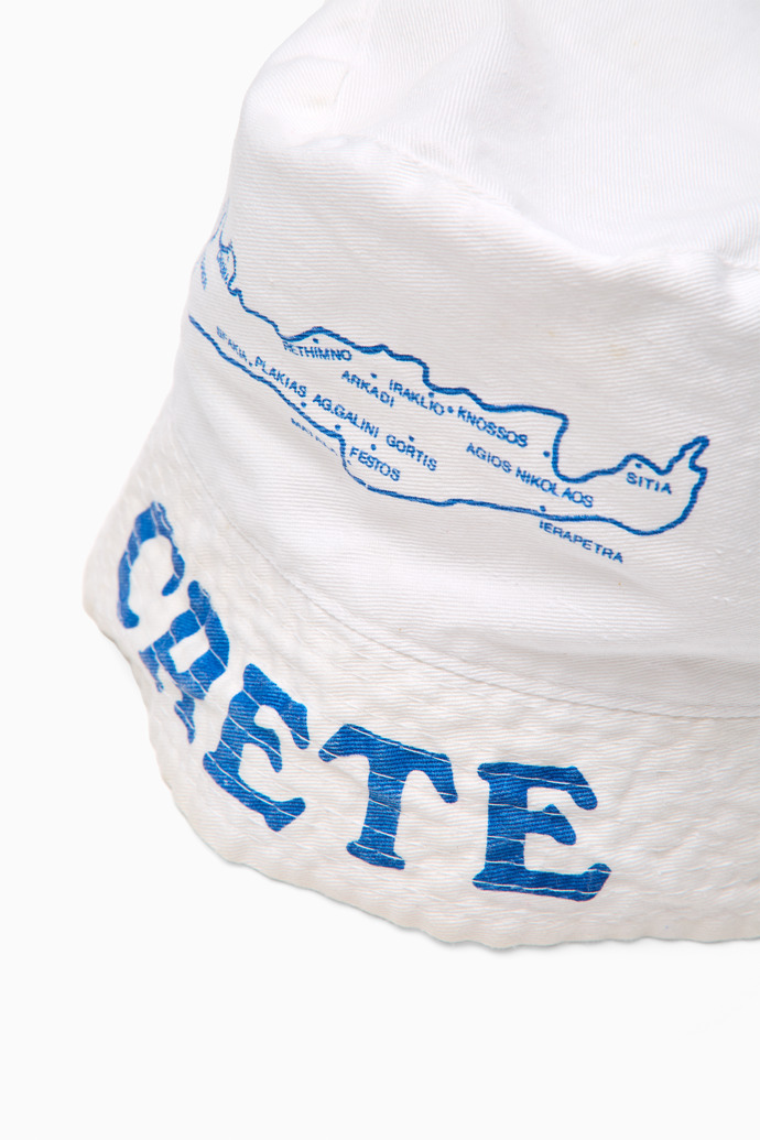 Close-up view of Crete bucket hat White and blue cotton hat