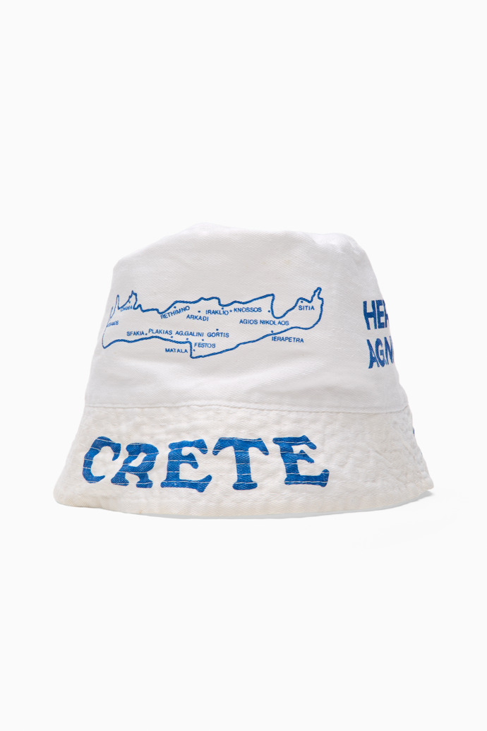 Back view of Crete bucket hat White and blue cotton hat