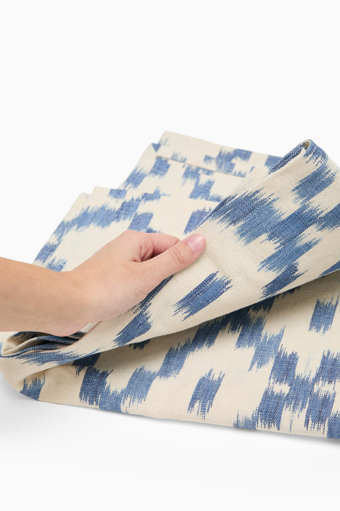 Overhead view of Llengos Mallorquines Tablecloth Blue handwoven tablecloth