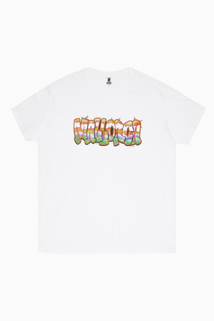 Side view of Graffiti Tee Retro souvenir t-shirt with graffiti-style Mallorca lettering