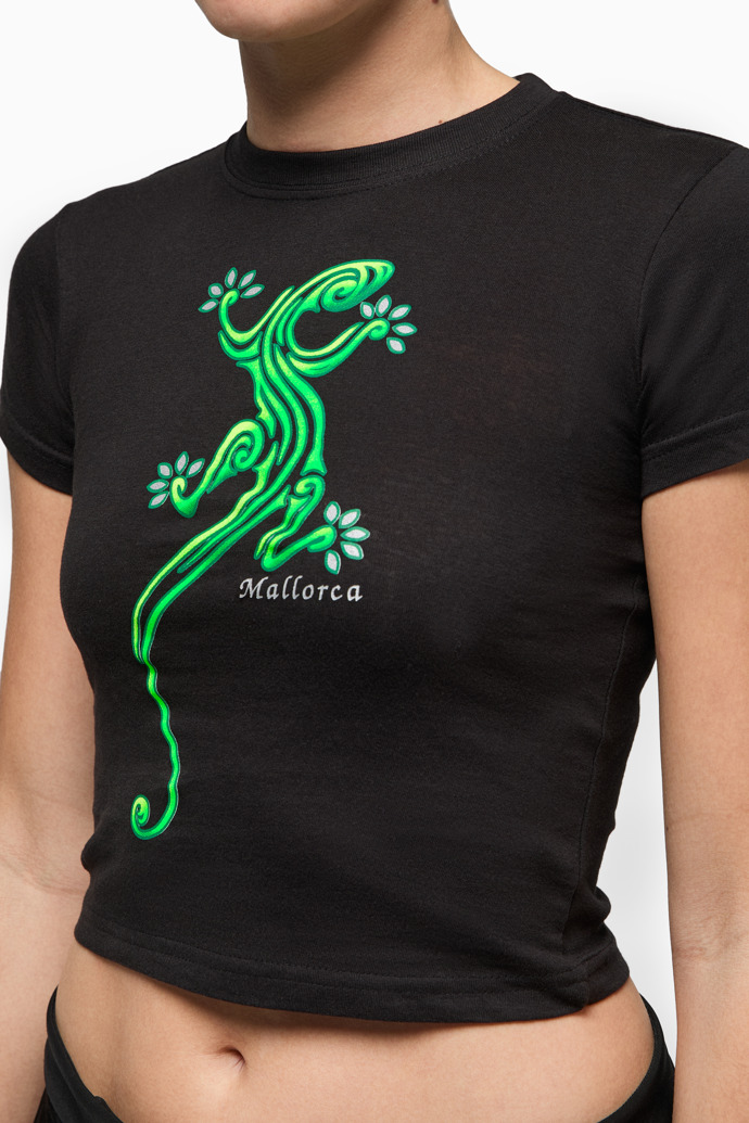 Overhead view of Glow-in-the-Dark Lizard Kids’ Tee Glow-in-the-dark Mallorca t-shirt for kids, featuring a lizard