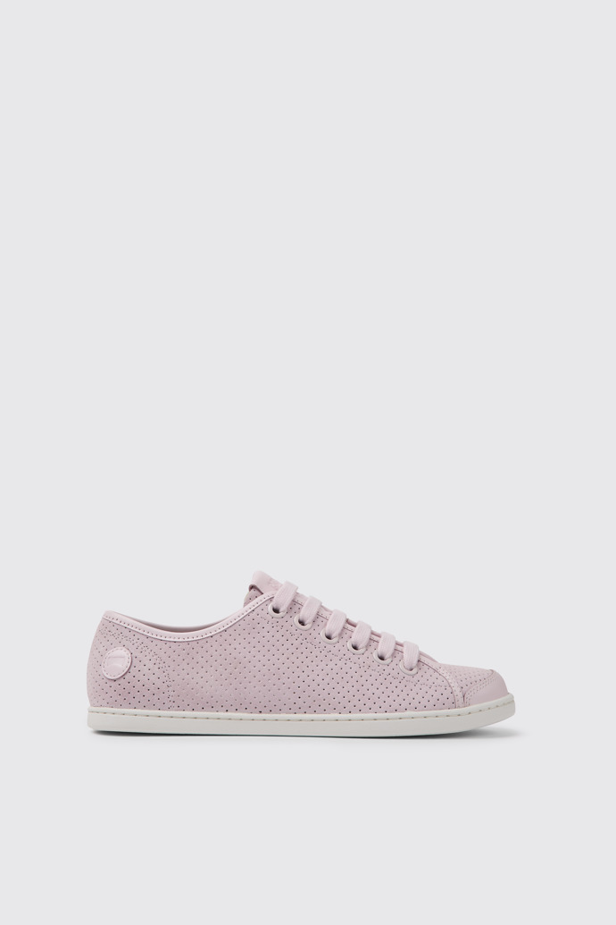 Side view of Uno Pink nubuck and leather sneakers for women
