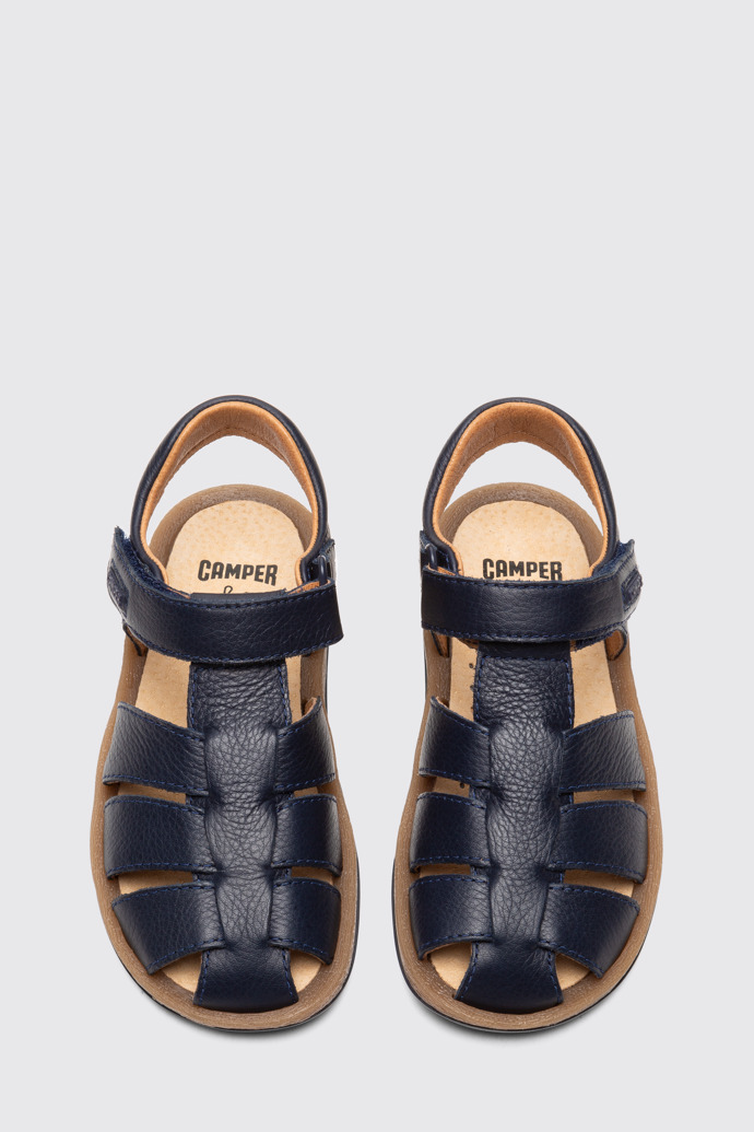 Overhead view of Bicho Closed navy T-strap sandal for kids