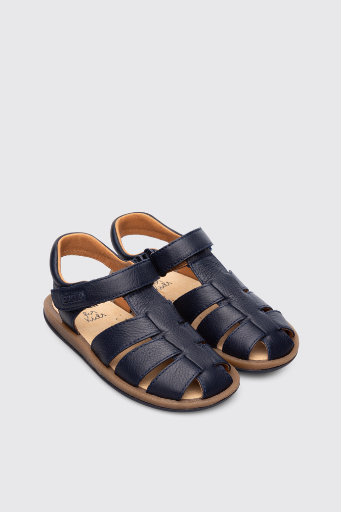 Front view of Bicho Closed navy T-strap sandal for kids