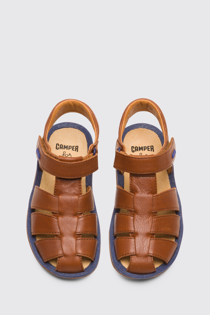 Overhead view of Bicho Closed brown T-strap sandal for kids
