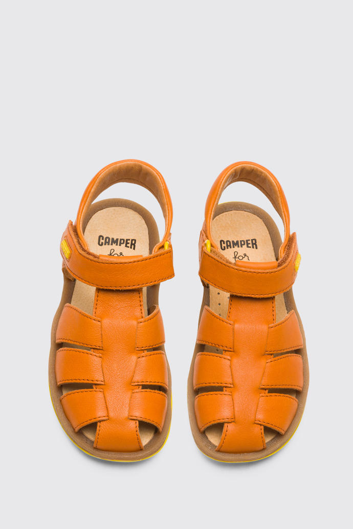 Overhead view of Bicho Closed dark orange T-strap sandal for kids