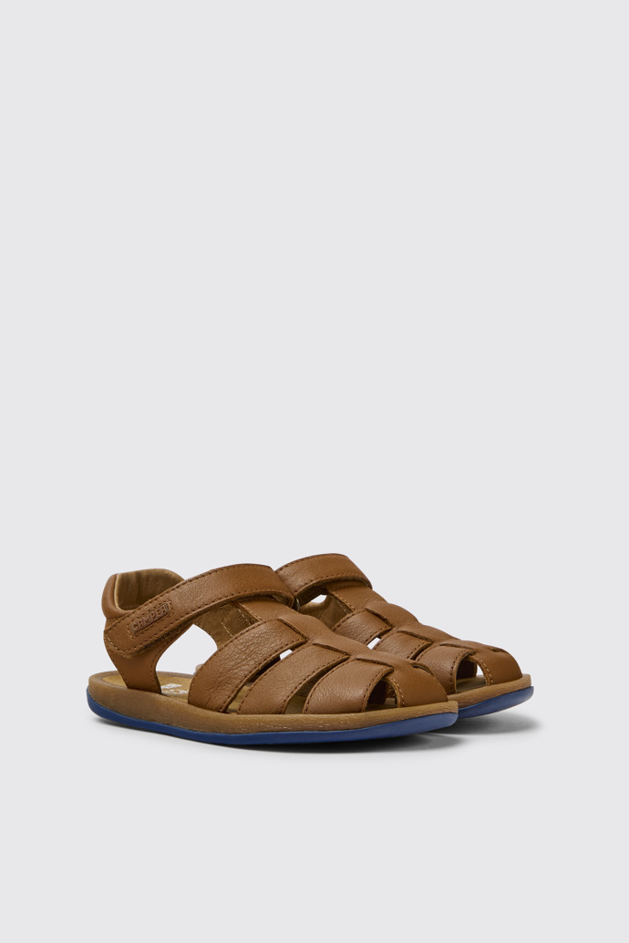 Front view of Bicho Brown leather sandals for kids