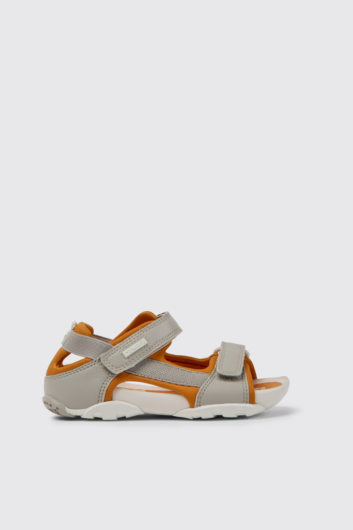 Side view of Ous Grey and orange sandals for kids