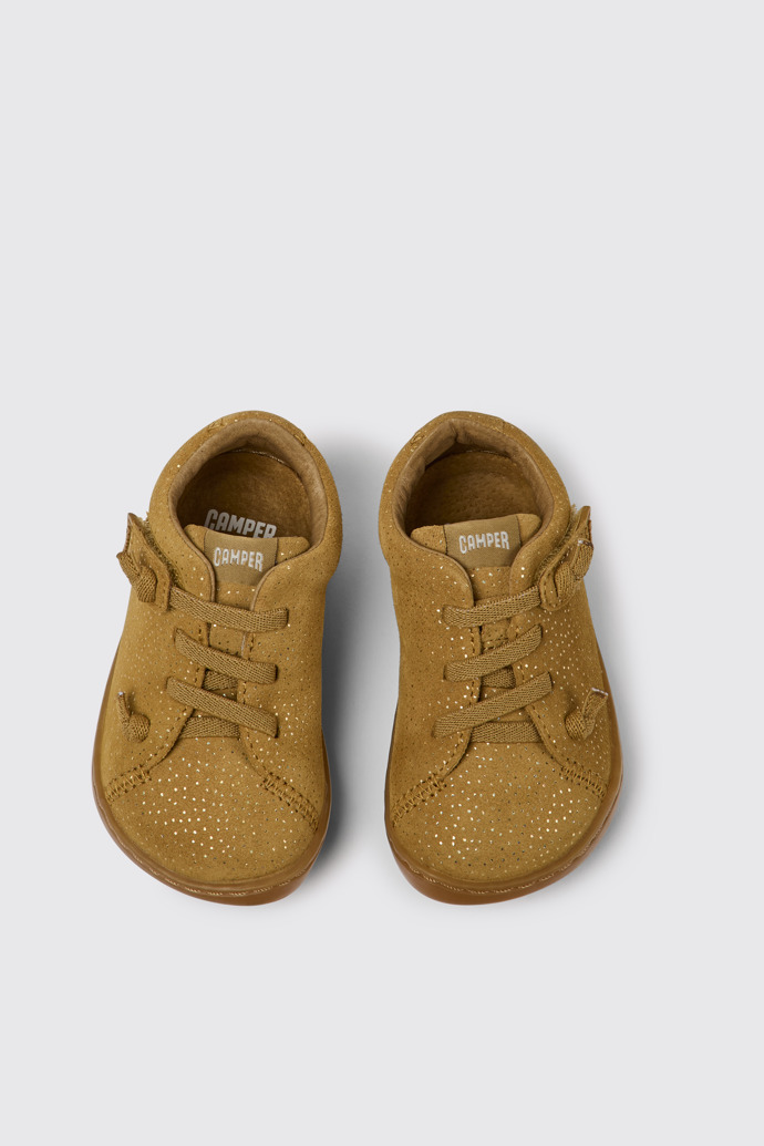 Overhead view of Peu Brown nubuck shoes with glitter effect for kids