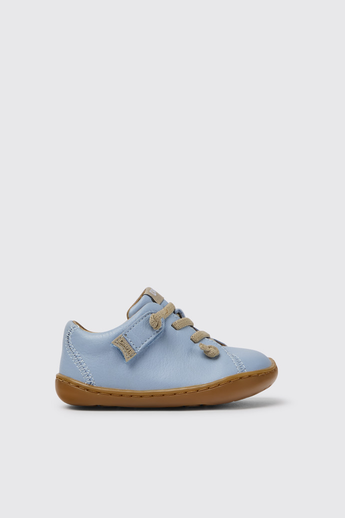 Side view of Peu Light blue leather shoes for kids