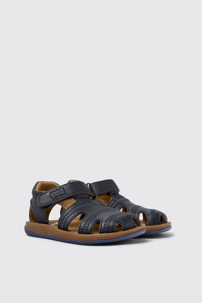 Front view of Bicho Closed navy T-strap sandal for kids