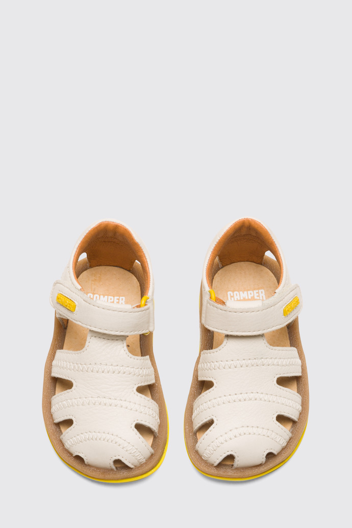 Overhead view of Bicho Closed cream T-strap sandal for kids