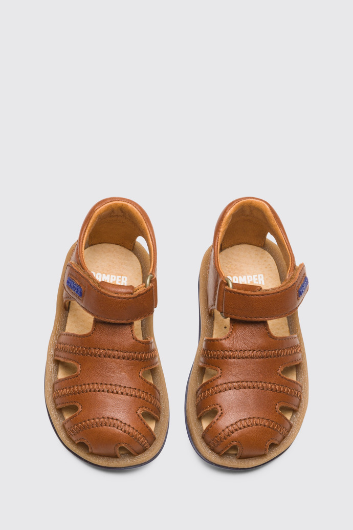 Overhead view of Bicho Closed brown T-strap sandal for kids