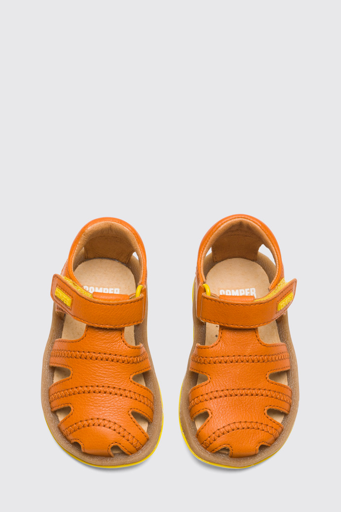 Overhead view of Bicho Closed dark orange T-strap sandal for kids