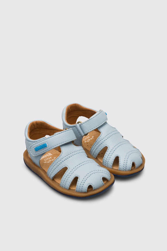 Front view of Bicho Light blue sandal with velcro for kids