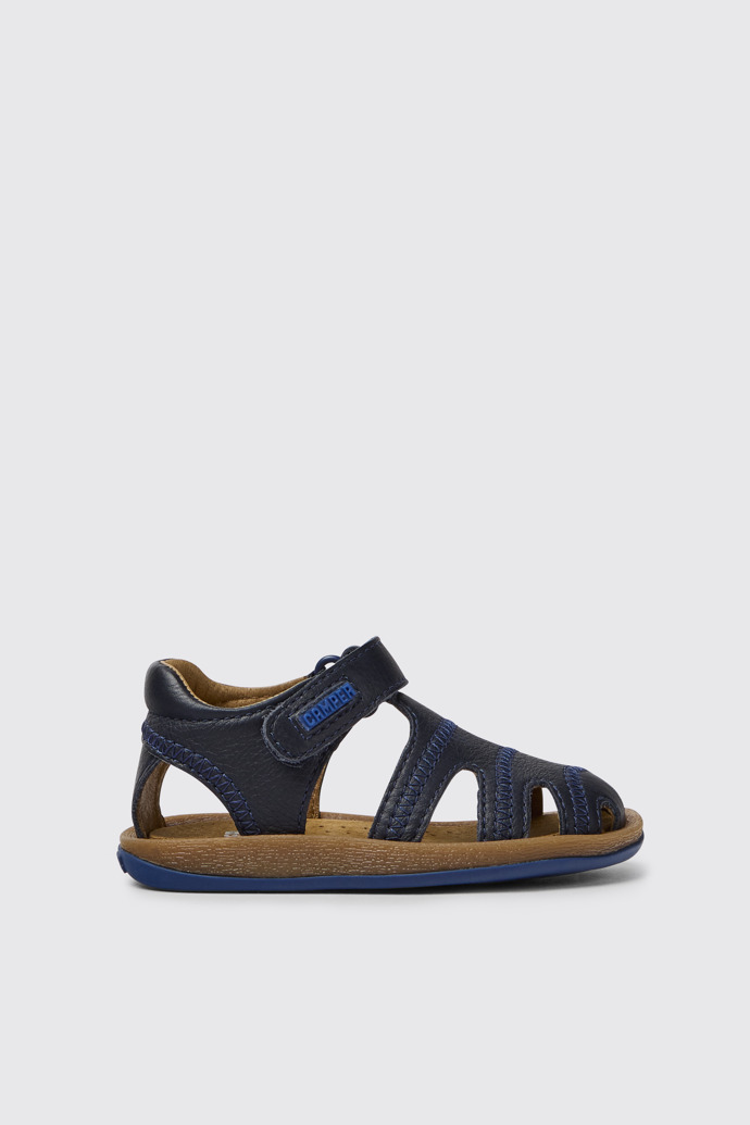 Side view of Bicho Blue leather sandals for kids