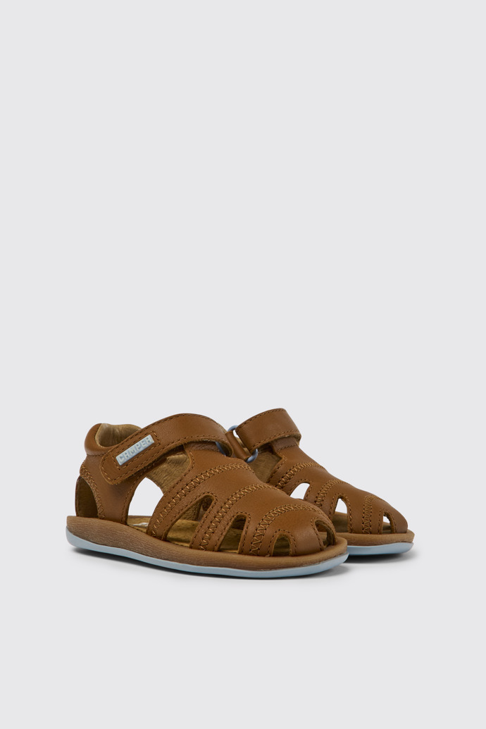 Front view of Bicho Brown leather sandals for kids
