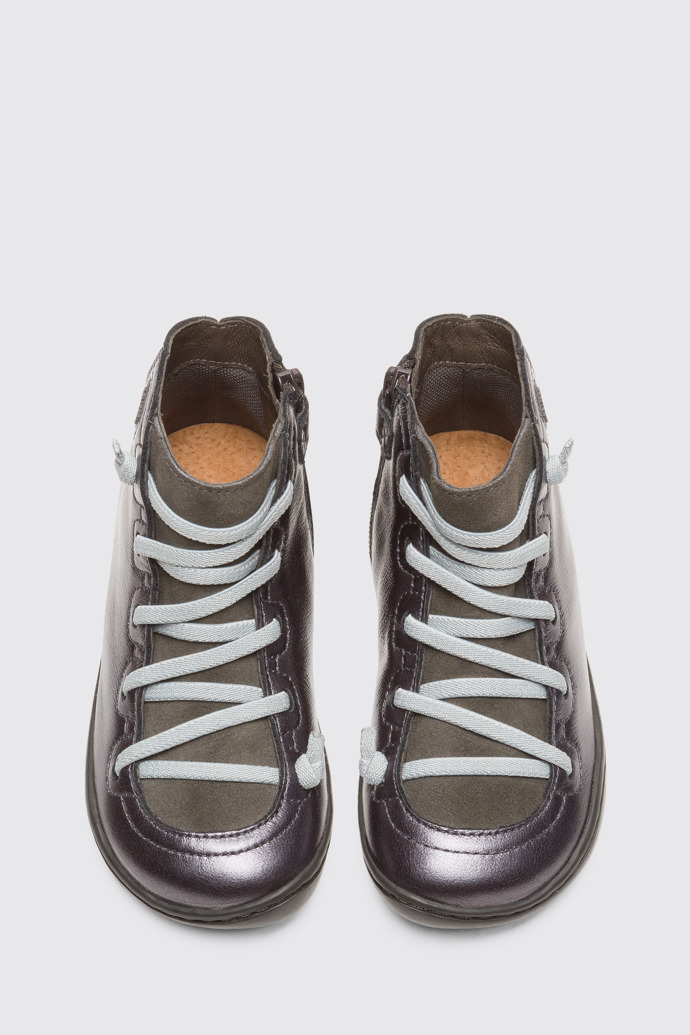 Overhead view of Peu Metallic grey zip ankle boot for girls