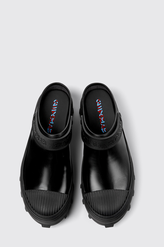 Overhead view of Traktori Black Leather Clogs