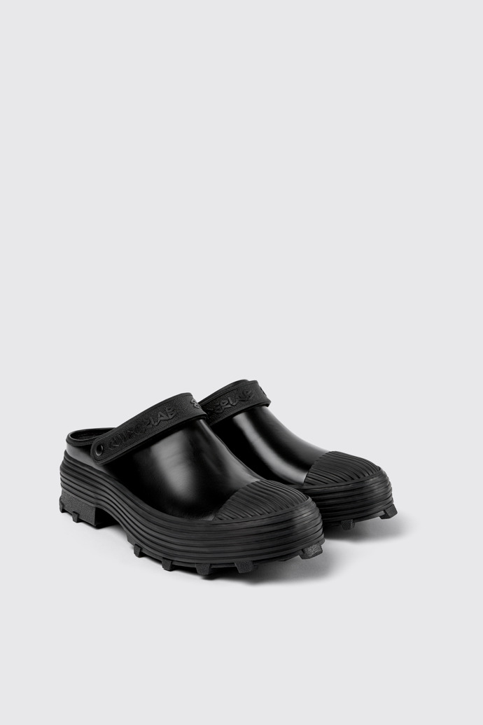 Front view of Traktori Black Leather Clogs