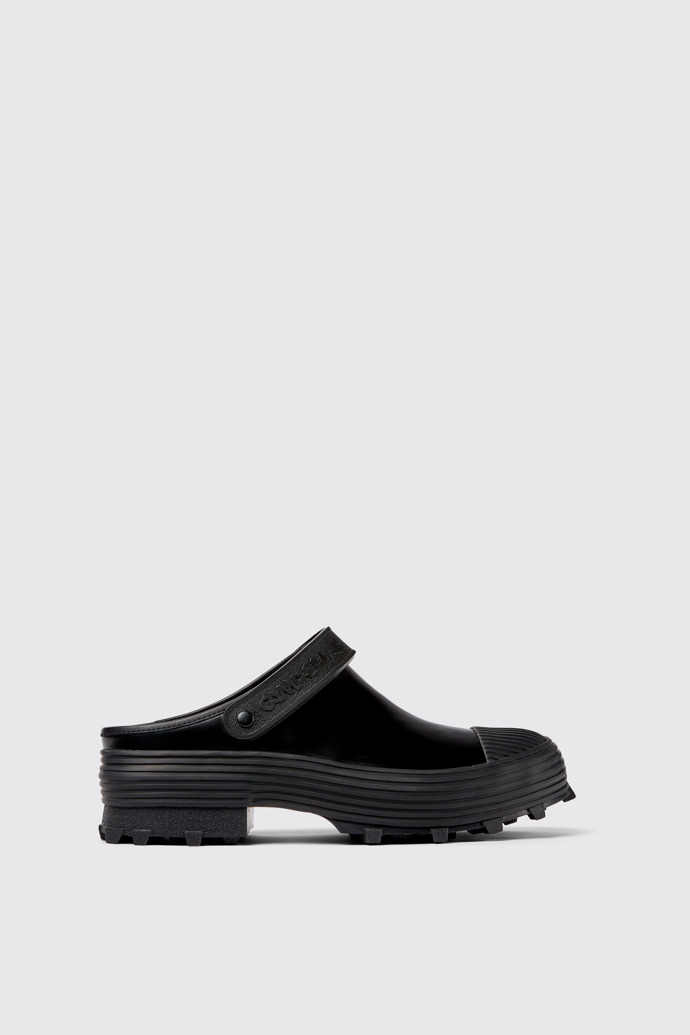 Side view of Traktori Black Leather Clogs