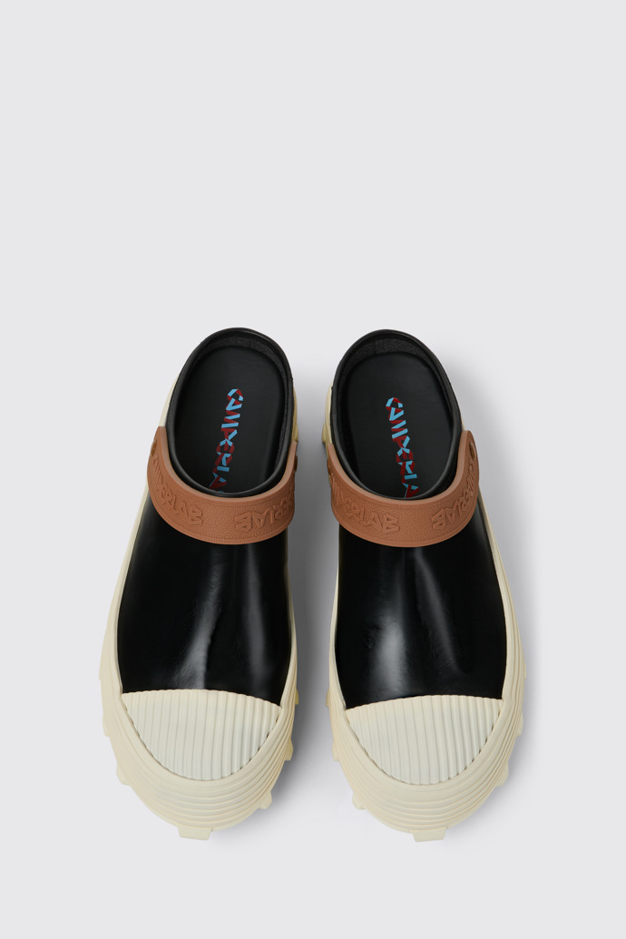 Overhead view of TRAKTORI Black-White-Brown Leather Clogs