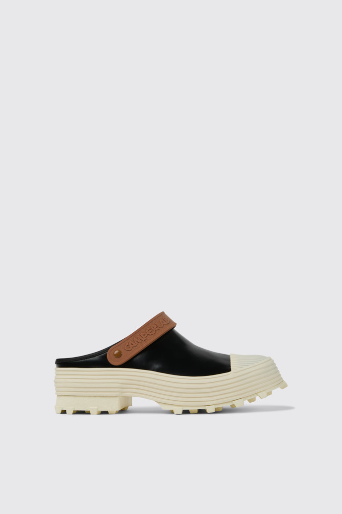 Side view of TRAKTORI Black-White-Brown Leather Clogs