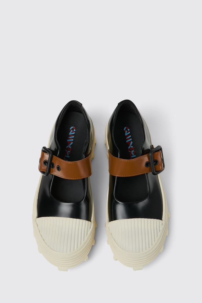 Overhead view of TRAKTORI Black-White-Brown Leather Mary Jane Clogs