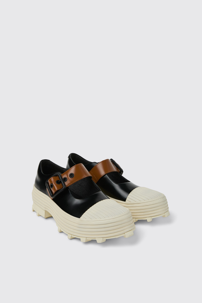 Front view of TRAKTORI Black-White-Brown Leather Mary Jane Clogs