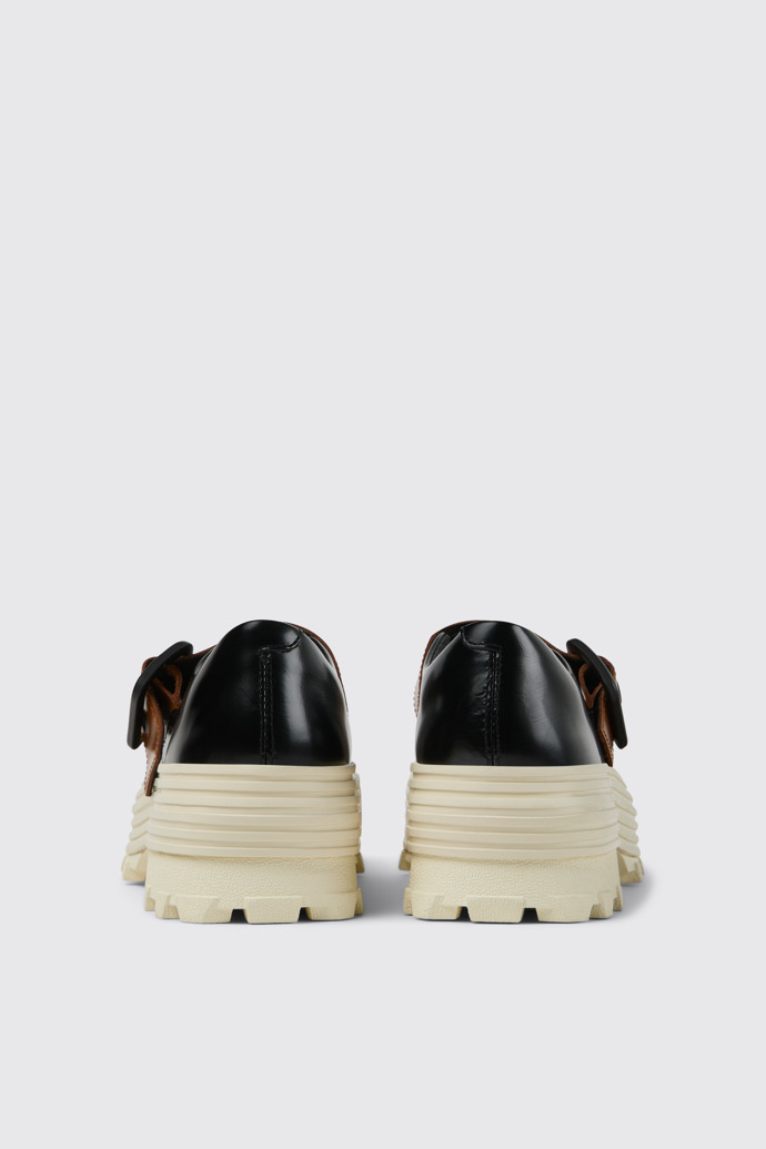 Back view of TRAKTORI Black-White-Brown Leather Mary Jane Clogs