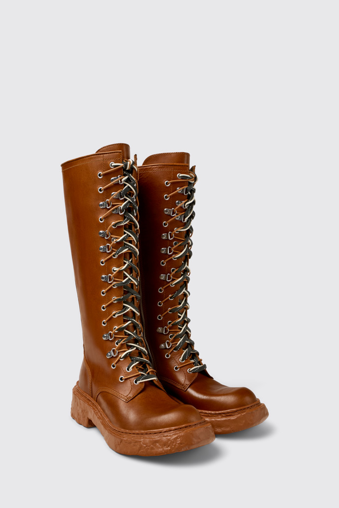 Front view of CAMPERLAB VAMONOS Brown Leather High Boots