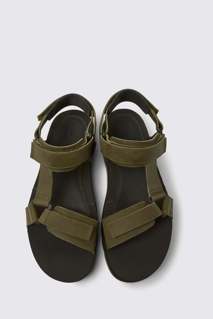 Overhead view of Oruga Green leather sandals for men