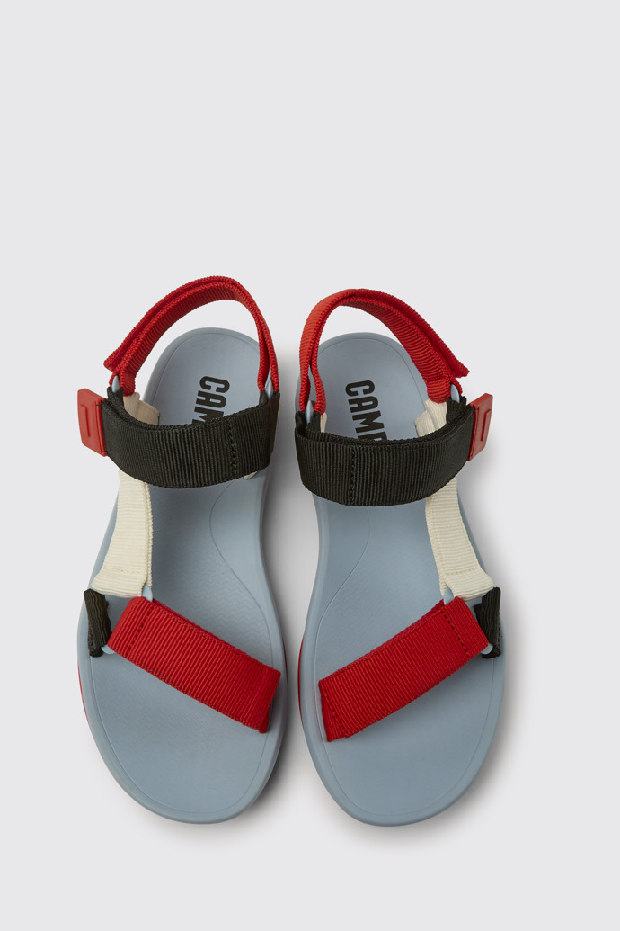 Overhead view of Match Red, white, and black recycled PET sandals for men