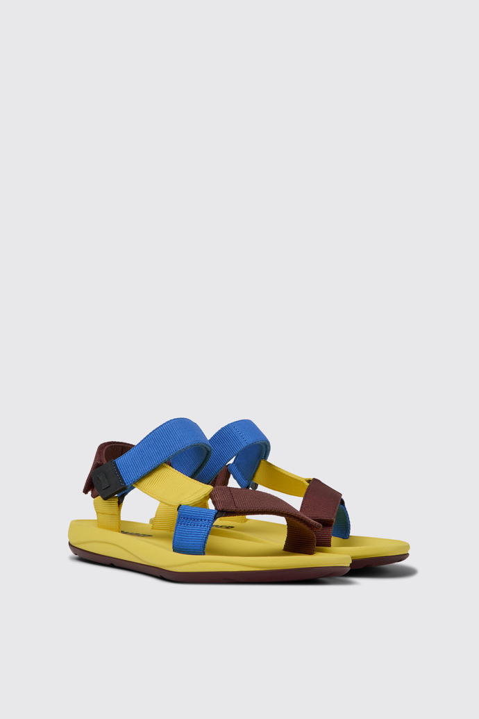 Front view of Match Yellow, blue, and burgundy sandals for men
