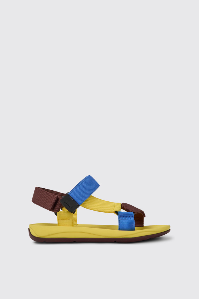 Side view of Match Yellow, blue, and burgundy sandals for men
