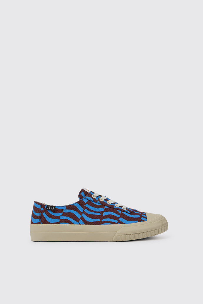 Side view of Camaleon Blue and burgundy recycled cotton sneakers for men
