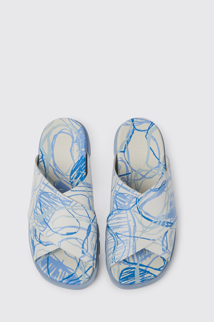 Overhead view of Brutus Sandal White and blue printed leather sandals for men