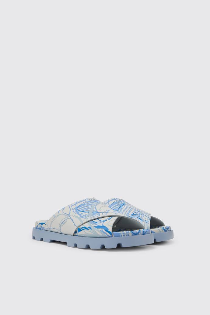 Front view of Brutus Sandal White and blue printed leather sandals for men