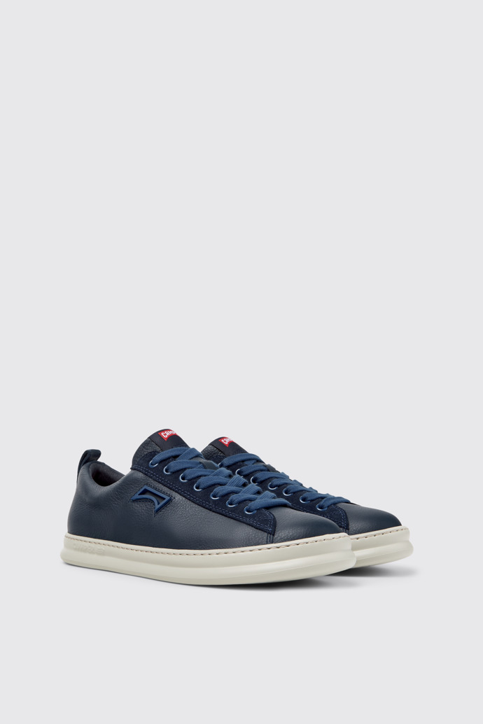 Front view of Runner Four Blue Leather and Nubuck Sneakers for Men.