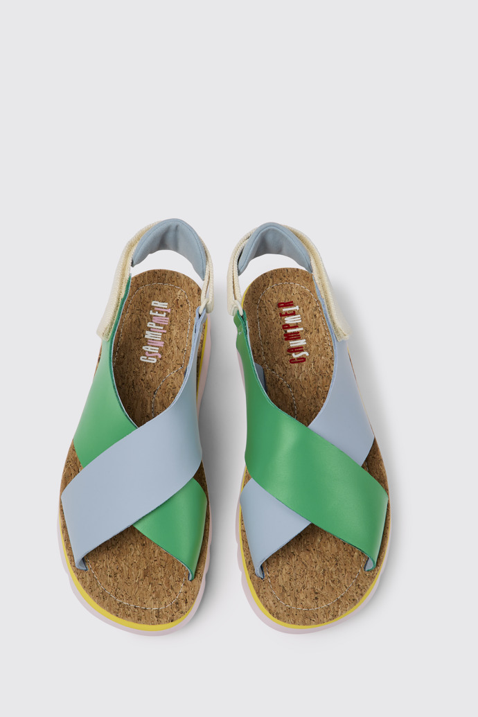 Overhead view of Twins Green and blue sandals for women