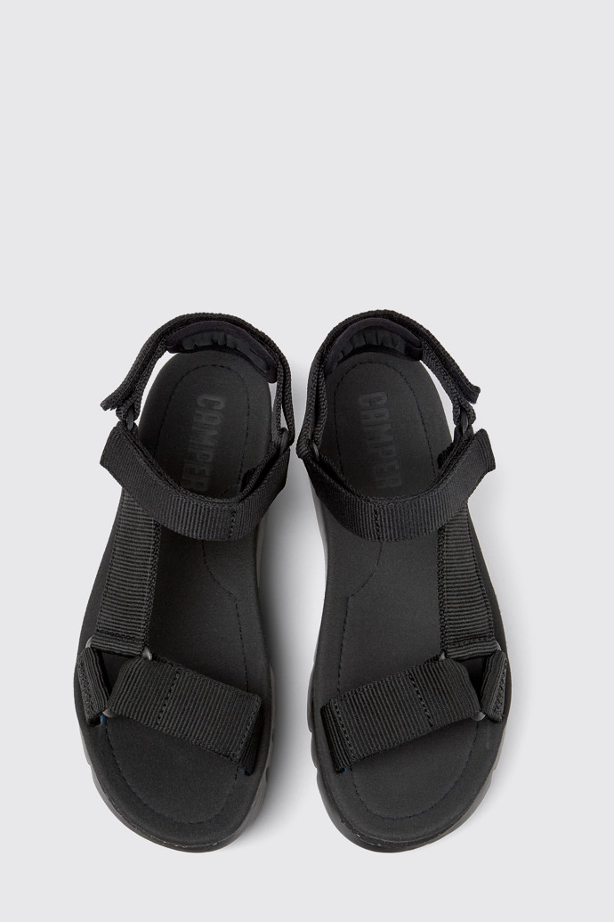 Overhead view of Oruga Up Black recycled PET sandals for women