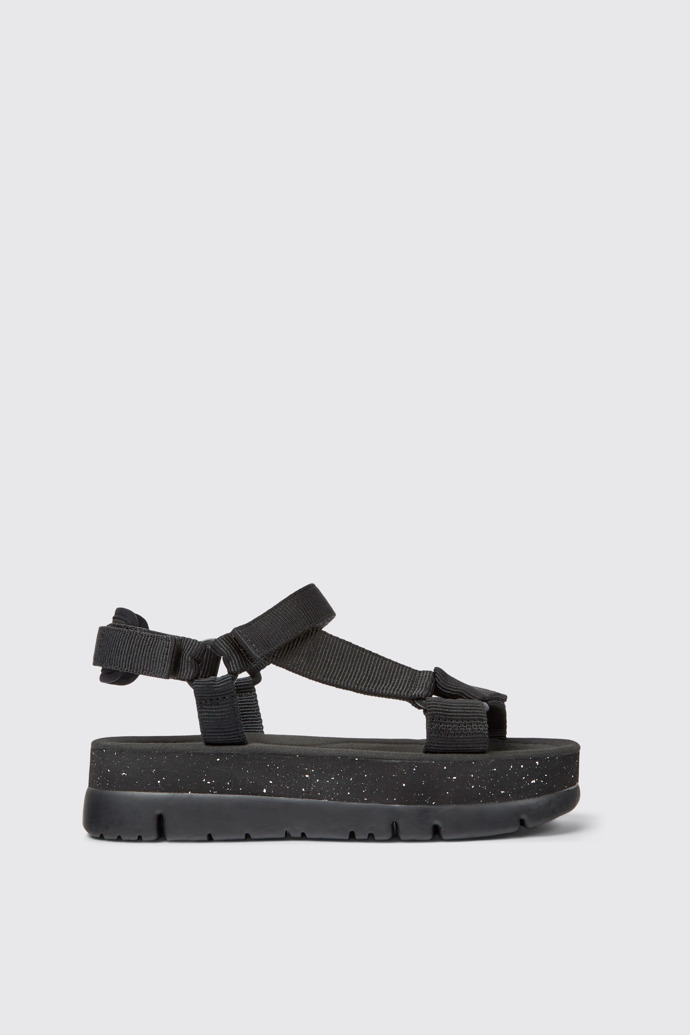 Side view of Oruga Up Black recycled PET sandals for women