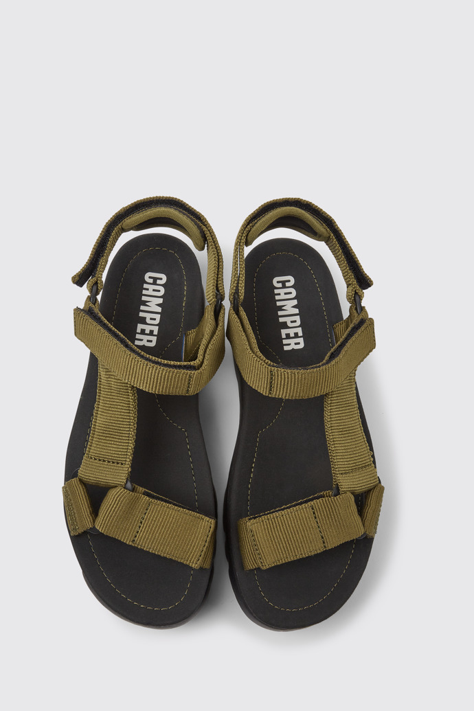 Overhead view of Oruga Up Green recycled PET sandals for women