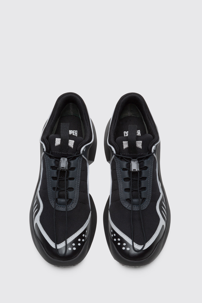 Overhead view of CRCLR Women’s black, dark gray and light gray sneaker