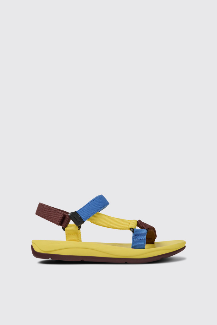 Side view of Match Yellow, blue, and burgundy sandals for women